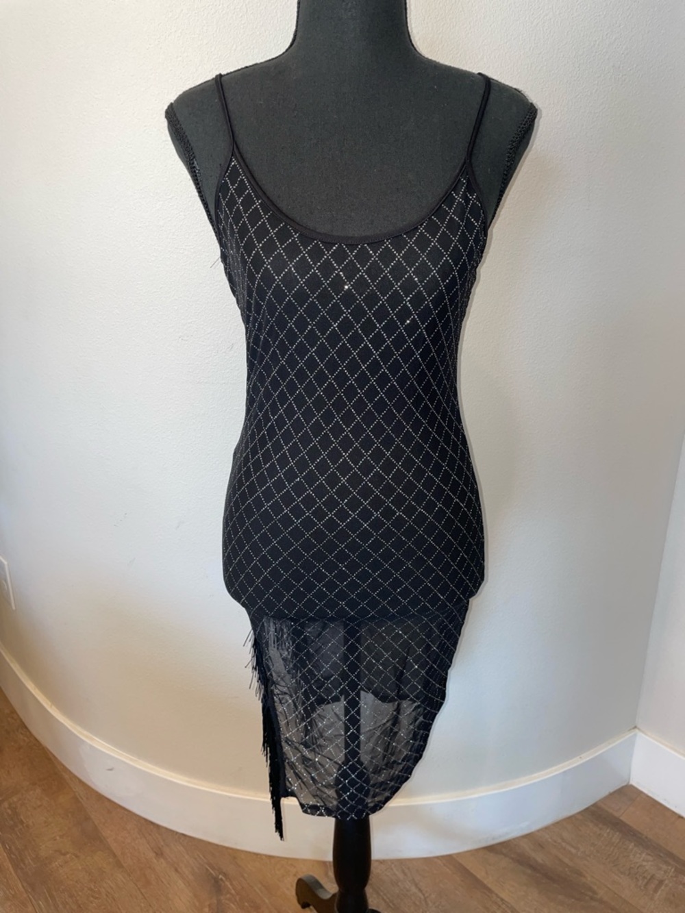 12th Tribe Black Beaded Diamond-Pattern Slip Dress